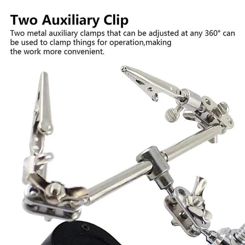 Metal auxiliary clips on Desktop LED Magnifying Glass Soldering Station With Dual 3.5X And 12X Magnification for soldering use