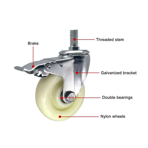 Heavy Duty Caster Wheels With Brakes Industrial Swivel Casters With Threaded Stem showing nylon wheel and galvanized bracket
