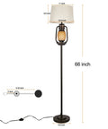 Cozy Farmhouse Floor Lamp With Lantern Night Light, Rustic Standing Lamp, Beige Linen Drum Shade, Oil Rubbed Bronze Finish, 66-inch height