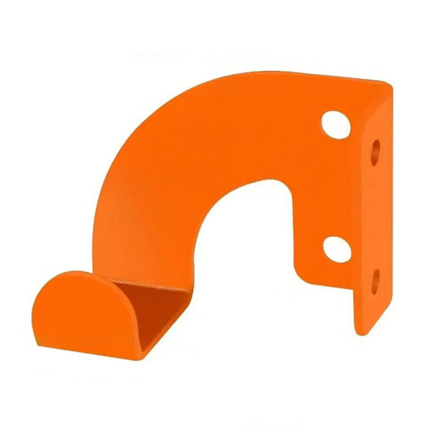 Heavy Duty Iron Power Tool Hanger Wall Mount for Garage and Shed Organization, orange iron tool holder with mounting holes.