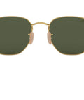 Front view of Unisex Hexagonal Flat Lens Sunglasses with lightweight gold metal frame and G Fifteen green lenses, medium fit.