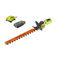 40V Brushless Hedge Trimmer 26 Inch Dual Action Steel Blades with battery and charger, designed for heavy duty gardening.