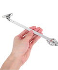 Hand holding Heavy Duty Lid Stay Hinges Twin Pack With Soft Down And Slow Open Door Action for cabinets in silver.