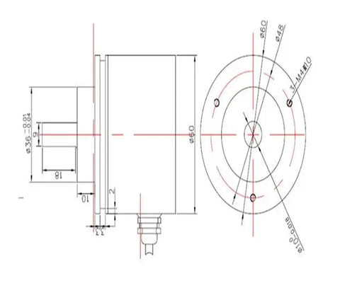Technical drawing of 12-Bit Multiturn Absolute Rotary Encoder With RS422 Interface, 4096 Counts Per Revolution