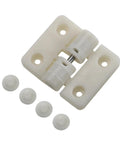 White resin positioning torque hinge with mounting plate; includes four small caps