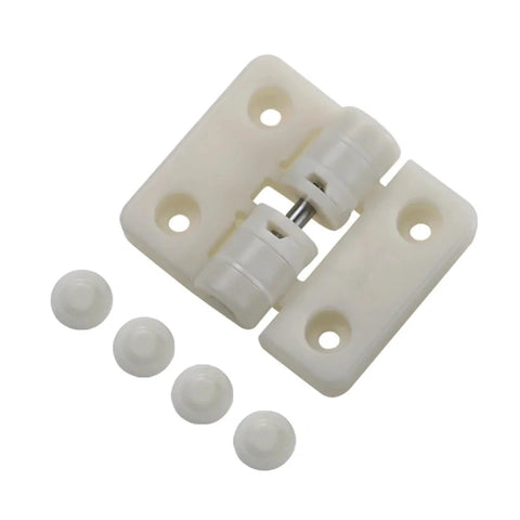 White resin positioning torque hinge with mounting plate; includes four small caps