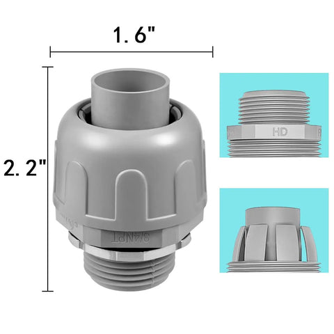 Dimensions of 16 Pack 3/4 Inch Liquid Tight PVC Connector Fittings NPT Non Metallic Nylon 6 Electrical Conduit UL Listed 180 Degree Straight Gray