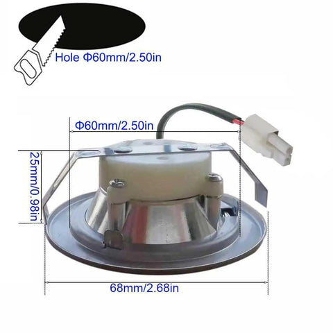 Back view of 2 Pack 1.5W LED Cooker Range Hood Bulbs, 12V DC, showing 2.5 inch fitting and cable connection.