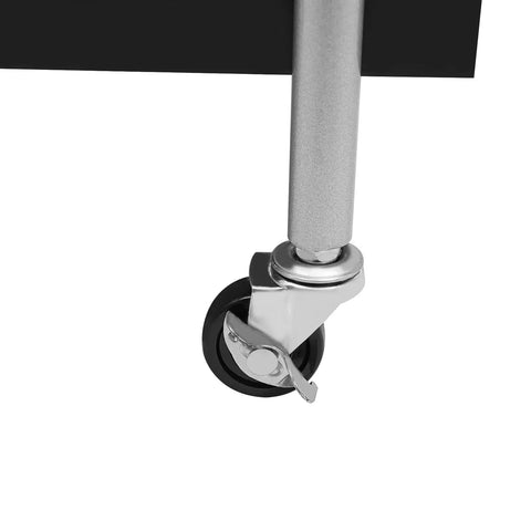 Close-up of secure roller wheels on Ride Smooth Black Two Tier Mobile Bar Cart With Secure Roller Wheels Home Serving Stand.