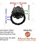 Antique Wrought Iron Cabinet Ring Drop Pulls Matte Black Finish 2 Pack for vintage wood doors and furniture, dimensions shown.