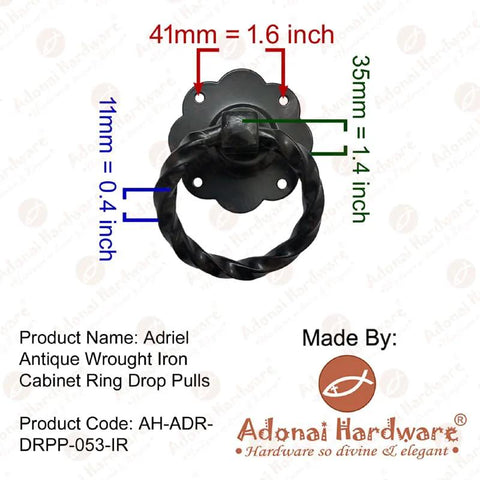 Antique Wrought Iron Cabinet Ring Drop Pulls Matte Black Finish 2 Pack for vintage wood doors and furniture, dimensions shown.