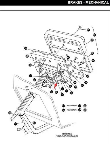 Diagrams showing brake pedal assembly with labeled parts for vehicle wiring setup.