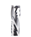 Precision Professional Grade Heavy Duty 2 Flute Compression Spiral Carbide Router Bit Cuts Slick As Glass On Plywood And Mdf Zero Tear Out And Delivers Sharp Edge Cleanup close-up view showing the spiral cut design.