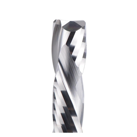 Precision Professional Grade Heavy Duty 2 Flute Compression Spiral Carbide Router Bit Cuts Slick As Glass On Plywood And Mdf Zero Tear Out And Delivers Sharp Edge Cleanup close-up view showing the spiral cut design.
