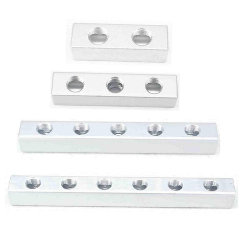 Aluminum Pneumatic Fitting Manifold Block 2 Way Splitter For Air Water Gas Oil Lines One Quarter Inch BSP 20x20mm displayed