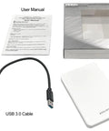 Z1-S USB 3.0 Portable External Gaming Hard Drive For PS5 And PS4 White Preformatted 1TB No Power Adapter Needed Plug And Play External Storage With 2 Year Warranty image showing user manual, retail box, USB 3.0 cable, and white hard drive.