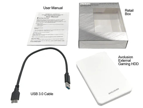 Z1-S USB 3.0 Portable External Gaming Hard Drive For PS5 And PS4 White Preformatted 1TB No Power Adapter Needed Plug And Play External Storage With 2 Year Warranty image showing user manual, retail box, USB 3.0 cable, and white hard drive.