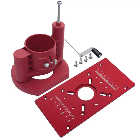 Rock Solid Router Table Insert Plate With Quick Adjust Router Lift Flip Plate Set For Woodworkers, red aluminum components.