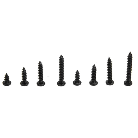 300 Pcs Self Tapping Screws Cross Pan Head Set In Carbon Steel M3 Black With screws in different sizes arranged in a line
