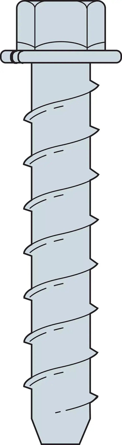 Illustration of Heavy Duty Concrete Screw Anchor Five Eighth Inch By Four Inch Hex Washer Head Zinc Plated Titen HD for cracked concrete.