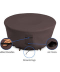 Round Outdoor Fire Pit Cover 48 Inch Diameter 18 Inch High 12 Oz PVC Coated Polyester Waterproof UV And Weather Resistant with air vents.