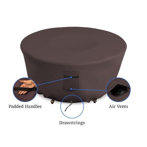 Round Outdoor Fire Pit Cover 48 Inch Diameter 18 Inch High 12 Oz PVC Coated Polyester Waterproof UV And Weather Resistant with air vents.