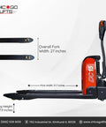 Top Rated 48 Inch By 27 Inch Full Electric Pallet Jack With Lithium Ion Battery 3300 Lb Capacity 24 Volt 30 Ah overall dimensions shown.