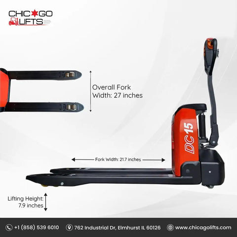 Top Rated 48 Inch By 27 Inch Full Electric Pallet Jack With Lithium Ion Battery 3300 Lb Capacity 24 Volt 30 Ah overall dimensions shown.
