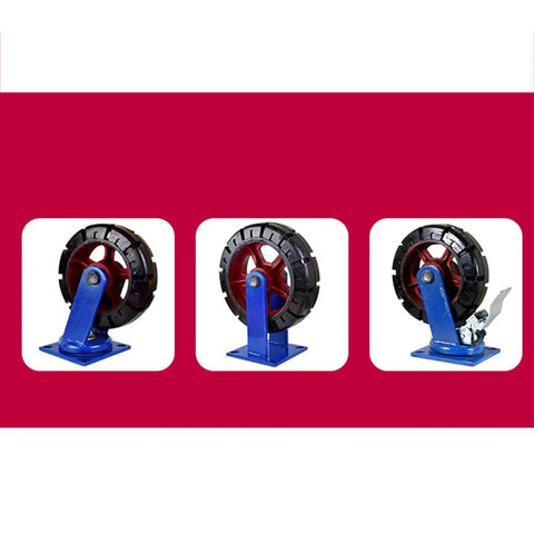 Heavy Duty Swivel Casters With Tight 360 Turn And 10 Or 12 Inch Wear Resistant Nylon Wheels Roll Smooth And Crush Weight Solid One Ton Load Bearing Universal Cart Wheel Sets Of Four Pack with blue frames and red wheels