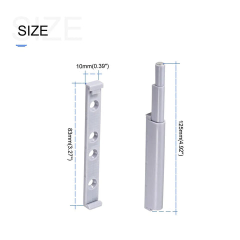 Premium Magnetic Push Latches 2 Pack Gray Soft Close Push To Open For Cabinet Drawer Wardrobe Closet Door with size details.