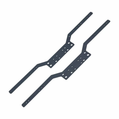 Set Of 2 Aluminum RC Chassis Frame Rails For MN98 MN99S One Twelfth Scale DIY Friendly Replacement Parts Black Easy Install And Durable Metal Upgrade For Tough Builds, shown in a top view highlighting their black aluminum structure and drill holes.