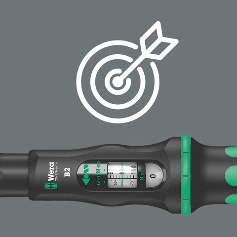 Click-Torque B2 Three-Eighths Inch Drive Torque Wrench handle with gauge, 20 to 100 Newton Meters setting display, pro shop tool.