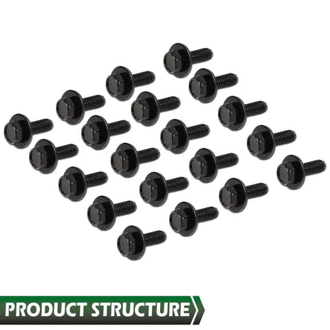 20 Pcs M6 Stainless Steel Hex Head Car Body Bolts Set For Honda And GM Models 1.0 X 20mm 10mm Hex 17mm Washers Black Finish