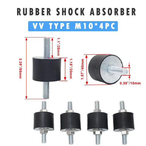 Beefy Heavy Duty Rubber Vibration Isolator Mounts M10 Double Stud Set Four Pack With Non Slip Nuts, dimensions labeled