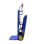 Heavy Duty Electric Stair Climbing Hand Truck Dolly For Moving Furniture Effortlessly Haul Heavy Load Up And Down Stairs With Lithium Battery Power, side view showing blue frame and gold wheel.