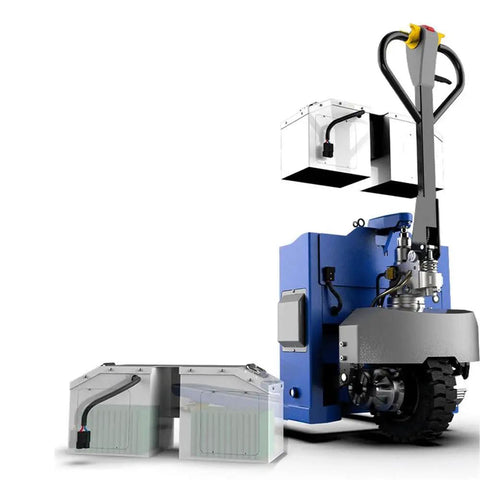 Powerful 6600 Lb Electric Pallet Jack With Lithium Battery And 48V Rechargeable Power For Heavy Duty Warehouse Work Plus Removable Packs and Silent Wheels showing removable lithium battery packs.