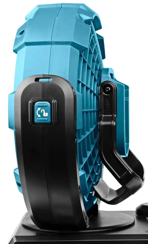 Side view of Cordless 18V LXT Fan With Three Speed Settings And 45 Degree Oscillation For Quiet Airflow, showing pivot design.