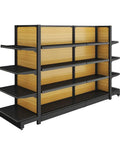 Heavy Duty Four Tier Metal Storage Shelves Double Sided Adjustable Supermarket Rack in black and wood finish for garage or warehouse.