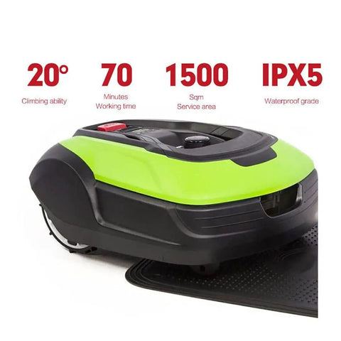 Image of Smart Robotic Lawn Mower With Auto Charging, Ultra Quiet Motor, App Control, showing 20° slope handling, 1500 sqm area