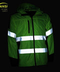 Front view of Hi Vis Hooded Windbreaker Safety Jacket With 2 Inch Reflective Tape ANSI Class 2 Compliant Water Resistant Shell Lime