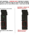 Comparison image of correct and incorrect Washer Lid Switch Lock Kit CKD843 MX Replacement connectors for GE Hotpoint washers.
