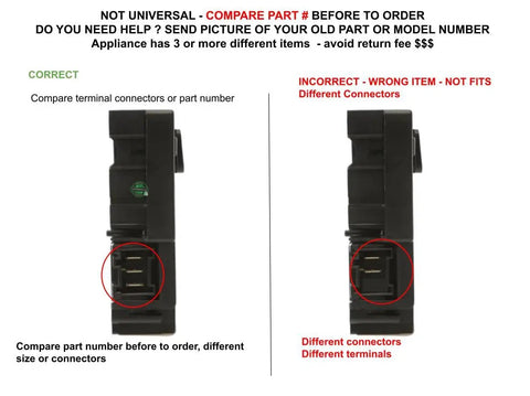 Comparison image of correct and incorrect Washer Lid Switch Lock Kit CKD843 MX Replacement connectors for GE Hotpoint washers.