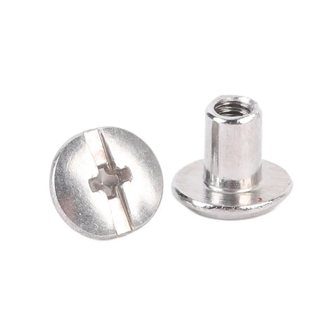 All In One 200 Piece Stainless Steel Rivet And Screw Fastener Kit For Leather Crafts Flat Head Rivets And Screws For DIY Repairs And Decoration Great For Belts, Bags, Wallets And Everyday DIY Projects. silver flat head stainless steel screw rivet close-up