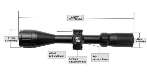 Detailed view of Springer Air Rifle Scope 3 to 9X40 AO with Illuminated Mil Dot Reticle, showing dimensions and adjustment rings.