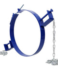 Heavy Duty Drum Handler Rig For Smooth 55 Gallon Steel Barrel Hauling And Pivoting Forklift Loading With No Sweat Manual Dispensing Control, blue steel frame with chains.