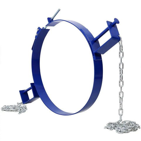Heavy Duty Drum Handler Rig For Smooth 55 Gallon Steel Barrel Hauling And Pivoting Forklift Loading With No Sweat Manual Dispensing Control, blue steel frame with chains.