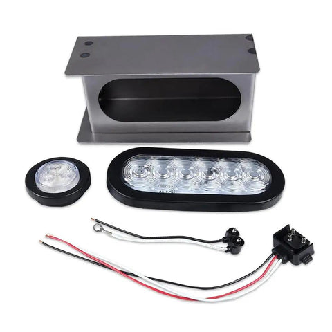 Two Pack Clear Tail Light Kit With Steel Housing For Trucks Fits Chevy Silverado 1500 2500 3500 HD GMC Sierra Toyota Tundra 6 Inch Oval LED Trailer Tail Lights And Marker Lights, steel housing, wiring components visible.