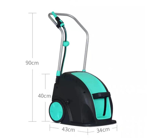 Portable Metal Hose Reel Cart With Smooth Rolling Wheels And Easy Step Operation Garden Hose Organizer shown from the side with dimensions.