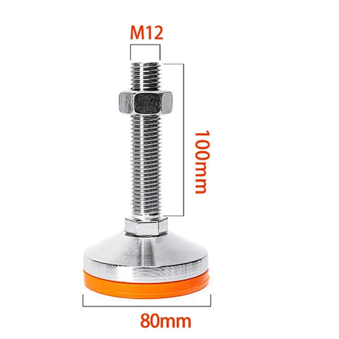 Heavy Duty Adjustable Rubber Leveling Feet With Thick Carbon Steel Base Plate And Threaded Support Legs For Machinery And Equipment Racks, 100mm tall, 80mm wide.