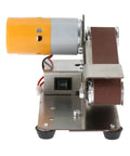 Mini Electric Belt Sander With Grinder Set Perfect For DIY Polishing And Sharpener Tasks showing motor and sanding belt on stainless steel base.
